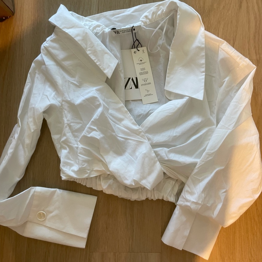 Zara white asymmetrical off the shoulder button up